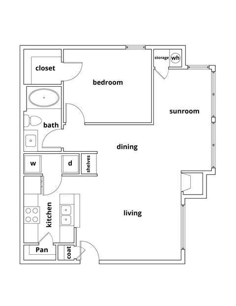 Floor plan for 1 bed, 1 bath, 854 sqft